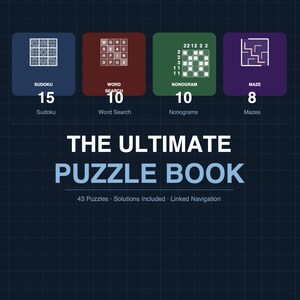 Peut inclure: Couverture de livre de puzzles bleue, rouge, verte et violette. Elle présente des puzzles Sudoku, Recherche de mots, Nonogramme et Labyrinthe. Le titre "THE ULTIMATE PUZZLE BOOK" est affiché. Le livre contient 43 puzzles avec solutions et navigation liée.
