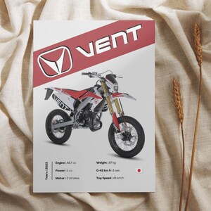 May include: A red and white Vent motorcycle with black wheels. The motorcycle has a 49.7 cc engine, 1 horsepower, and a top speed of 45 km/h.