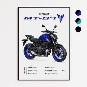 May include: A blue Yamaha MT-07 motorcycle with black accents. The motorcycle is on a white background with a black frame around it. The text "YAMAHA" and "MT-07" are visible in the image. The motorcycle has a 689 cc engine, 73.4 horsepower, and a top speed of 200 km/h.