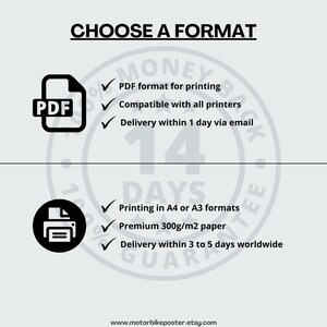 May include: Choose a format for a motorcycle poster.  PDF format for printing, compatible with all printers, delivery within 1 day via email.  Printing in A4 or A3 formats, premium 300g/m2 paper, delivery within 3 to 5 days worldwide.
