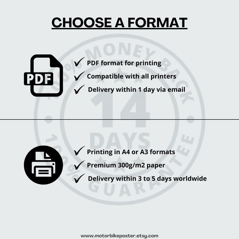 May include: Choose a format for a motorcycle poster.  PDF format for printing, compatible with all printers, delivery within 1 day via email.  Printing in A4 or A3 formats, premium 300g/m2 paper, delivery within 3 to 5 days worldwide.
