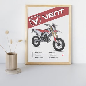 May include: A red and white dirt bike with the word "VENT" on the side. The bike has a 49.7 cc engine and a top speed of 45 km/h.