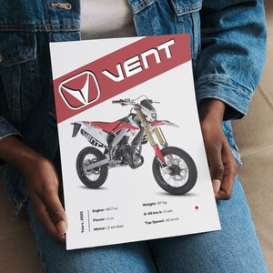 May include: A red and white dirt bike with the word "VENT" on the side. The bike has a black seat and black wheels. The bike is on a white background with text about the bike's specifications, including engine size, power, weight, and top speed.