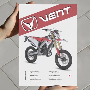 May include: A red, white, and black dirt bike with the word "VENT" on the side. The bike has a 49.7 cc engine, 1 horsepower, and a top speed of 45 km/h.