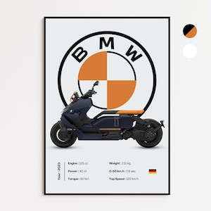 May include: A black and orange BMW electric scooter with the BMW logo in the background. The scooter has a 125 cc engine, 42 horsepower, and a top speed of 120 km/h.