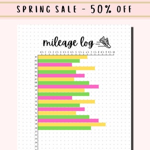 May include: A printable mileage log tracker with a running shoe graphic. The tracker has a grid with numbers 0.5 to 10 on the top and numbers 01 to 25 on the left side. The grid is filled with pink and green bars.