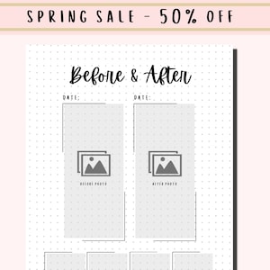 May include: A Before & After photo template in white and grey, set against a dotted grid. The top banner states "SPRING SALE - 50% OFF". The design includes sections for "DATE:" and photo placeholders marked "BEFORE PHOTO" and "AFTER PHOTO".