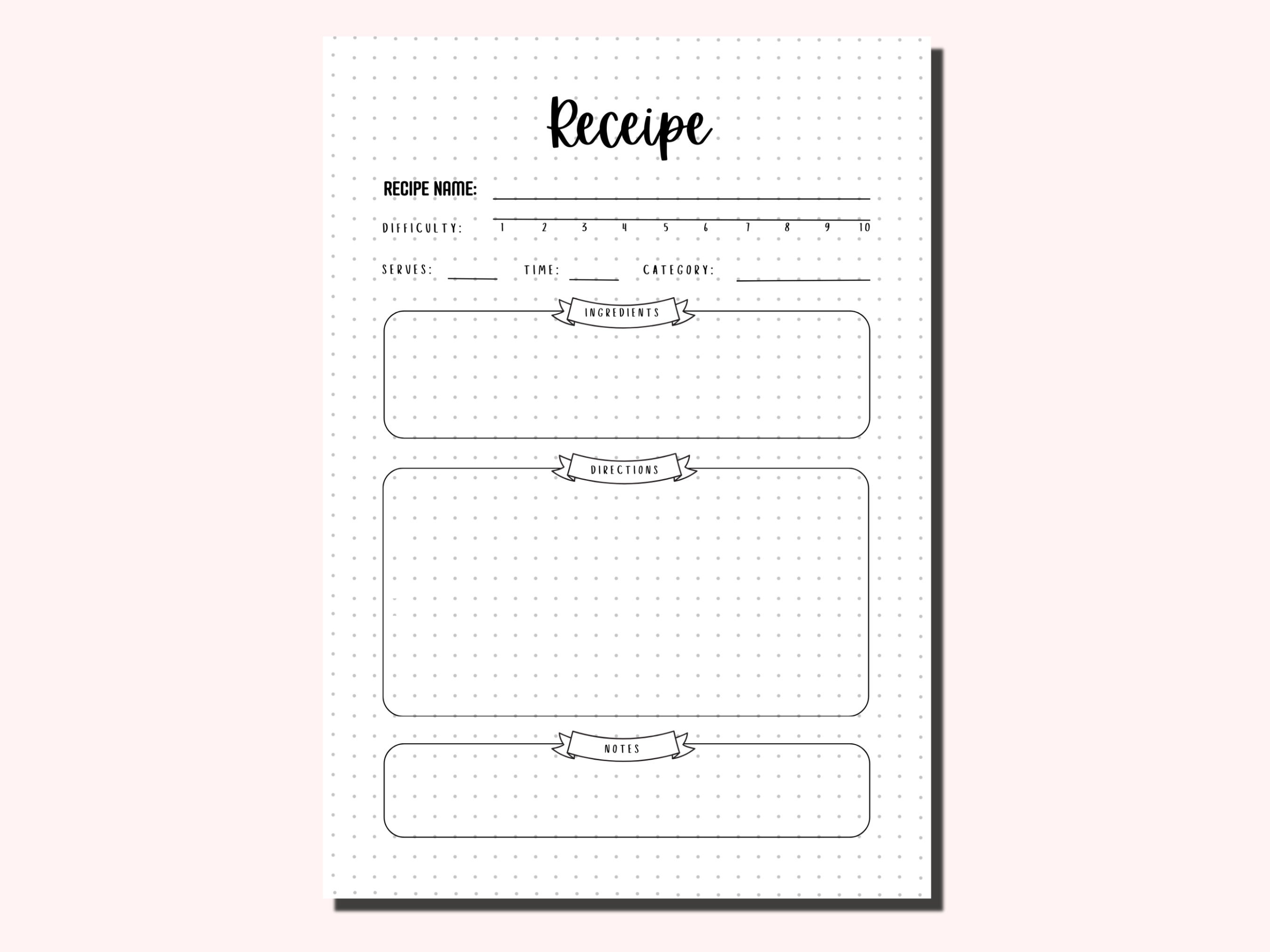 Recipe Template / Recipe Printable Journal Page, Cooking, Baking, Kitchen Organiser Tracker ...