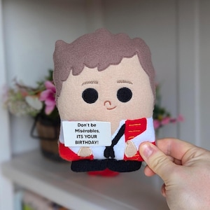 May include: A felt doll depicting a character with brown hair and a red and white jacket. The doll has black button eyes and a small smile. A white sign reads "Don't be Misérables, ITS YOUR BIRTHDAY!"