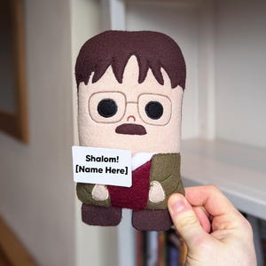 Shalom plushie Friday night gift Jim birthday card funny tv show quote present dinner fans merch custom doll uk humor wilson display figure