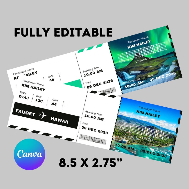 Editable Boarding Ticket Template, Surprise Airline Gift, Modern Design Editable Boarding Ticket Template, Surprise Airline Gift, Modern Design