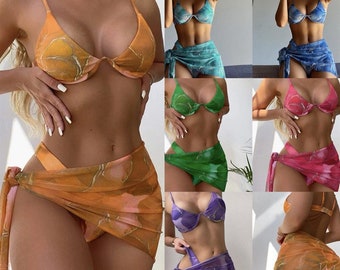 Multicolor digital gedruckter Mesh-Bikini 3-teilig, Sommer-Bikini-Set, Damen-Bikini, Dreieck-Bikini, Damen-Badeanzug, Geschenk für Sie