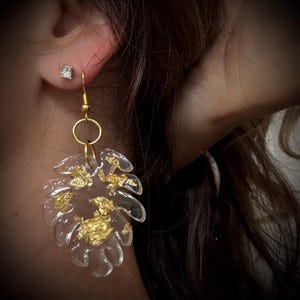 Clear Resin Monstera Leaf Earrings with Gold Foil – Handmade Statement Dangle Earrings