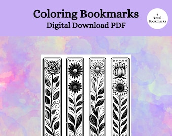 4 Floral Coloring Bookmarks, Reading Printable Floral Coloring Bookmark for Adults and Kids, Printable PDF, Digital Download
