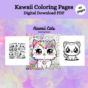 Kawaii Cats Coloring Pages, 40 Pages, Cats, Coloring Pages, Kids Coloring Pages, Adult Coloring Pages, Digital Download, PDF Coloring Book