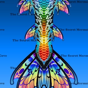 May include: A mermaid tail featuring a vibrant rainbow scale pattern transitioning from blue to orange. The tail includes intricate fin structures with translucent, wing-like details in shades of pink, yellow, and blue, marked with The Secret Mermaid Cove text.