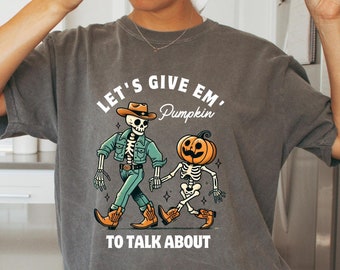 Vintage Halloween T-Shirt, Skeleton Pumpkin Cowboy Design