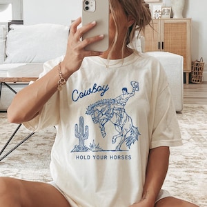 Comfort Colors® Hold Your Horses, Cowboy Crewneck, Rodeo Embroidered Hold Your Horses T-shirt,Crewneck Shirt, Rodeo, Cowboy, Vintage, Retro