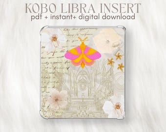Puede incluir: Una funda para Kobo Libra con un diseño floral e insectos. La cubierta presenta una polilla rosa y amarilla, flores blancas y una ilustración de catedral. El texto en la parte superior dice "KOBO LIBRA INSERT pdf + instant+ digital download."