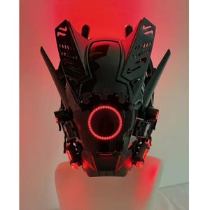 Self-design Cyberpunk helmet/mask, Black mecha-style mask, custom halo color,Futuristic Tech cyberpunk mask, alien cyberpunk Halloween mask
