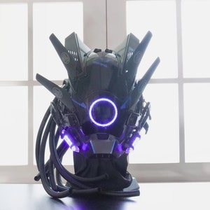 Blue light Cyberpunk Mask with Braid, Futuristic Warrior Mask, Custom Rave Helmet with Stickers, luminous Halloween Cosplay mask
