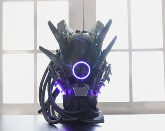 Blue light Cyberpunk Mask with Braid, Futuristic Warrior Mask, Custom Rave Helmet with Stickers, luminous Halloween Cosplay mask