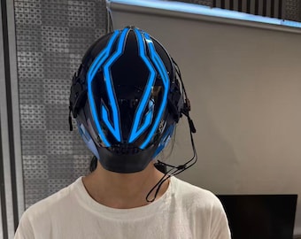 Handgefertigte Cyberpunk-Maske mit Licht, leuchtende futuristische Maske, Skelett-Krieger-Maske für Cosplay, Tech-Merch-Maske, Halloween-Rave-Maske