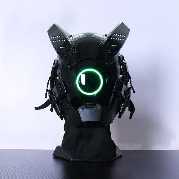 Custom Cyber Punk Helmet, Green Tactical Samurai Mask, Handmade Full Face Mask, Halloween Masquerade Cosplay Rave Mask