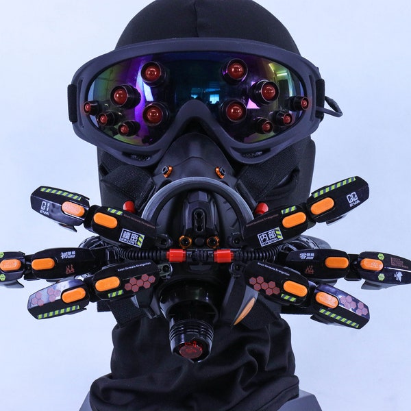 Cyberpunk Demon spider Mask with Glowing Glasses, Futuristic Industrial Helmet, Creative luminous Half-Face Mask, Cosplay Tactical Helmet