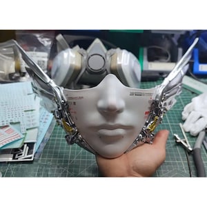 Handmade half-face cyberpunk mask with gundam wings, Cool mask for concert/party/cosplay, Mechanical Futuristic Rave mask, Halloween mask