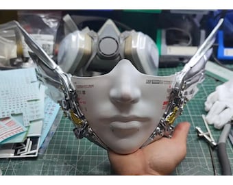 Handmade half-face cyberpunk mask with gundam wings, Cool mask for concert/party/cosplay, Mechanical Futuristic Rave mask, Halloween mask