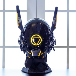 Custom Glowing Cyberpunk Samurai Mask with Wing, Yellow Cool Cosplay punk helmet, luminous Halloween mask, Rave Futuristic mask