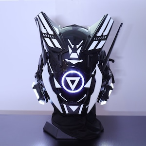 Custom Glowing Cyberpunk Mask, Super cool White Full Face Mask, Warrior Mask, Masquerade Cosplay Mask, Futuristic tech DJ helmet with light