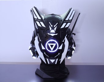 Aangepast gloeiend cyberpunkmasker, supercool wit volgelaatsmasker, krijgermasker, maskerade-cosplaymasker, futuristische tech DJ-helm met licht