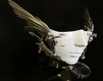 Ręcznie robiona maska Gundam Snow White cyberpunk na pół twarzy, unikalna maska DJ na imprezę/koncert ze skrzydłami, mechaniczna maska futurystyczna do fotografii