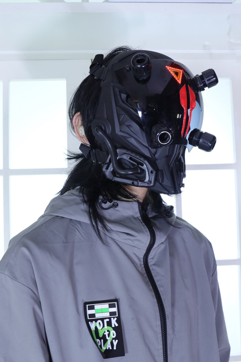 Futuristic Warrior Mask Costume, Glowing Cyberpunk Rave Helmet, Handmade Full Face Mask, Masquerade Cosplay Mask, Alien cosplay helmet image 4