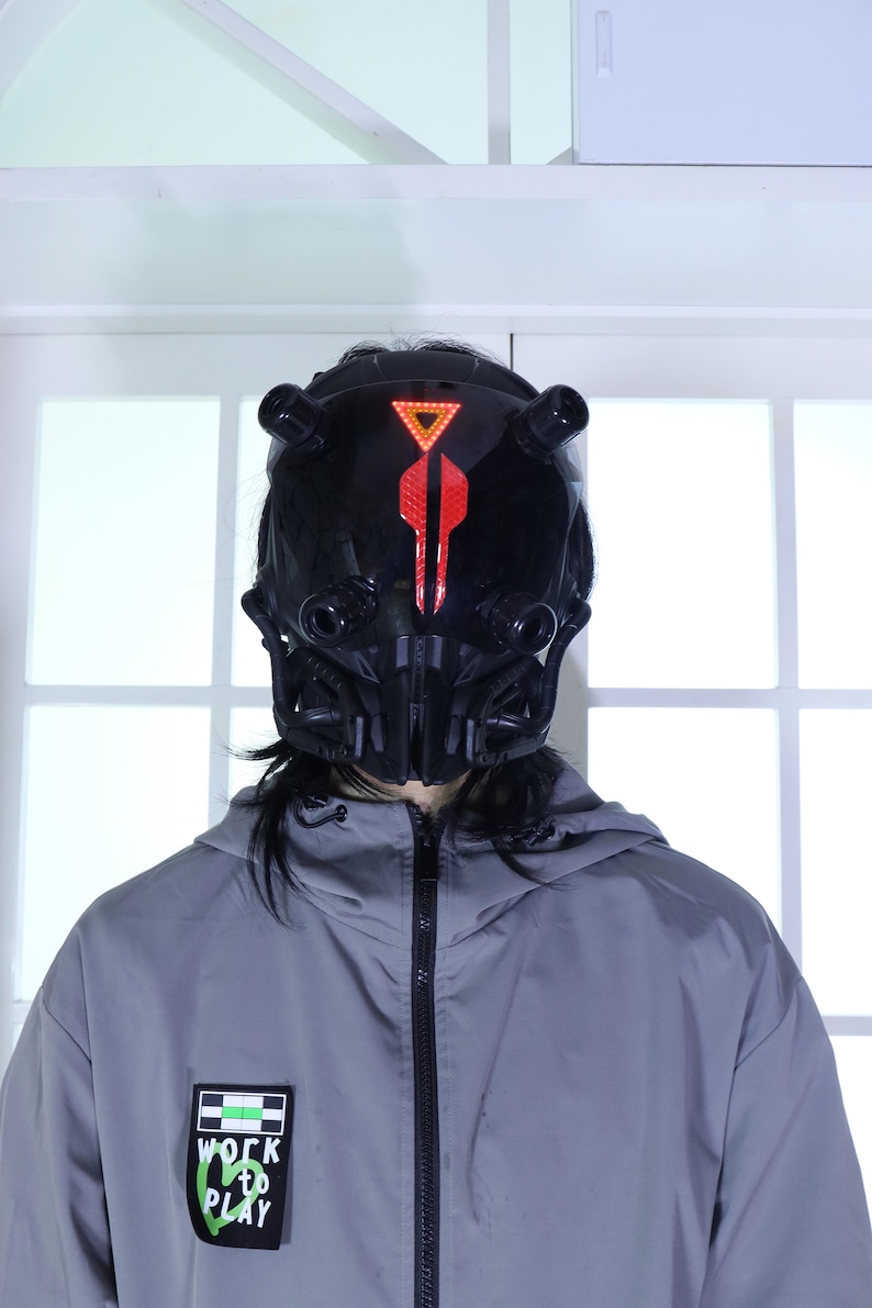 Futuristic Warrior Mask Costume, Glowing Cyberpunk Rave Helmet, Handmade Full Face Mask, Masquerade Cosplay Mask, Alien cosplay helmet image 2