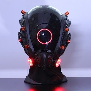 Red Warrior Rave Helmet with Bolt, Custom Glowing Coll Halloween Cosplay Mask, Futurstic Tech mask, Full Face Mask, Cyberpunk Tech Helmet
