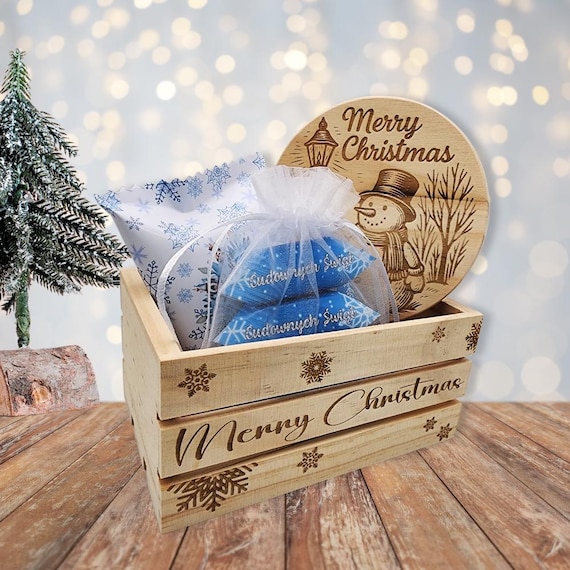 Personalized Christmas Candy Crate Gift: Krówki, Chocolate & Coaster