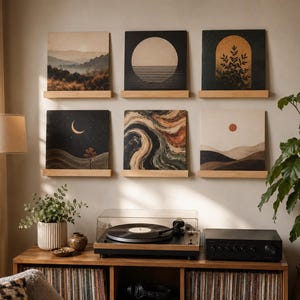 Puede incluir: Seis impresiones de arte mural cuadradas con diseños de paisajes abstractos, montadas en estantes de madera. Las impresiones presentan colores tierra y formas geométricas. Un tocadiscos y equipo estéreo se encuentran en un mueble de madera debajo.