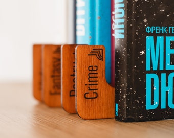 Separadores de estanterías de libros, Libro de divisores de género, Divisores de biblioteca de madera, Divisores de estanterías personalizados, Separador de libros, Organizador de colecciones de libros