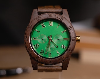 Custom wood watch for men,Roman numeral wrist watches for men,Green dial watches for men,Chronograph watches for men,Handmade wooden watches
