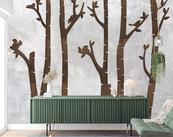 Birch tree wall art panels, Wooden forest tree wall decor, Woodland nursery wall art, Branches wall decor wood, Wood nature wall decor