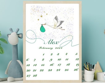 Stork Themed Custom Baby Shower Guess Baby Due Date Sign Prediction Calender Game Printed