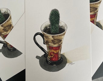 cactus in una tazza di ceramica stampa ad acquerello formato a4 su carta di alta qualità, regalo per l'inaugurazione della casa