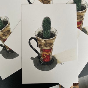 cactus in una tazza di ceramica stampa ad acquerello formato a4 su carta di alta qualità, regalo per l'inaugurazione della casa