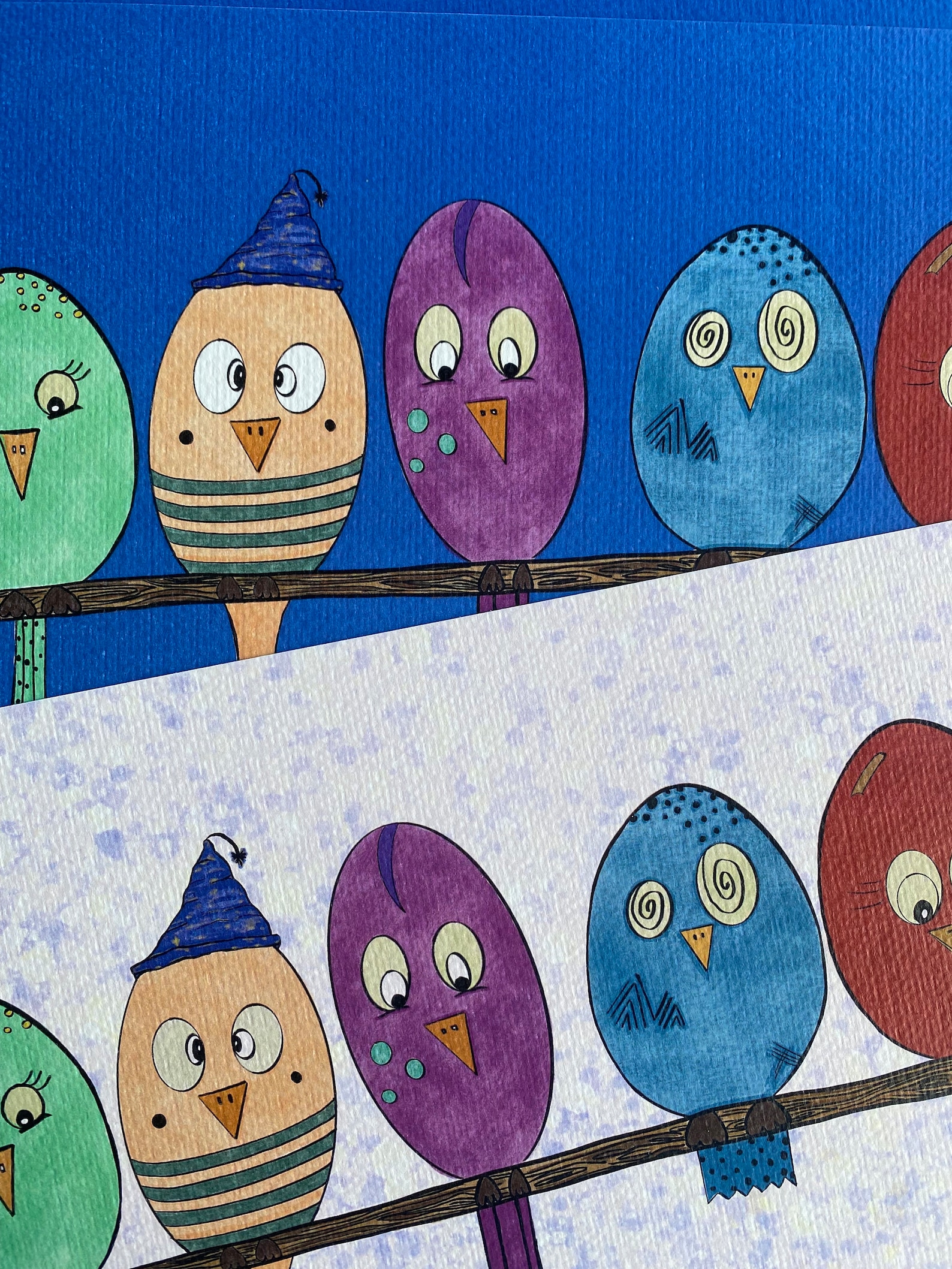 Ugly Birds, Original Digital Art Print Blue and White Background