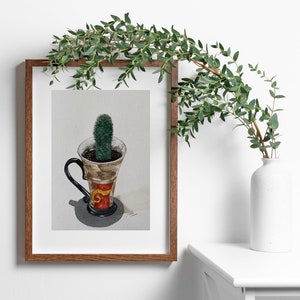 Kaktus in einer Keramiktasse Aquarellmalerei handgemachtes Geschenk für Wand
