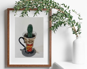 Cactus in a ceramic cup watercolor painting handmade gift for wall