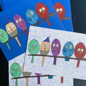 Pájaros feos, arte digital original impresión fondo azul y blanco niños habitación guardería arte de la pared